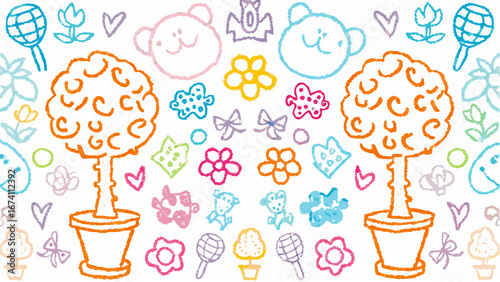 Whimsical garden scene with topiary trees, flowers, hearts, and playful animal doodles in pastel colors silhouette