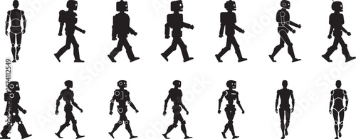 Collection of diverse human figures in silhouette walking poses isolated on white background