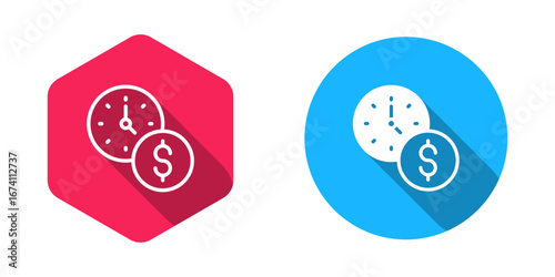 Filled and outline Time is money icon isolated with long shadow background. Money is time. Effective time management. Convert time to money. Vector