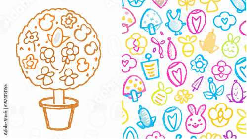 Illustration showing a potted tree with flowers and a pattern with flowers and other shapes on white silhouette