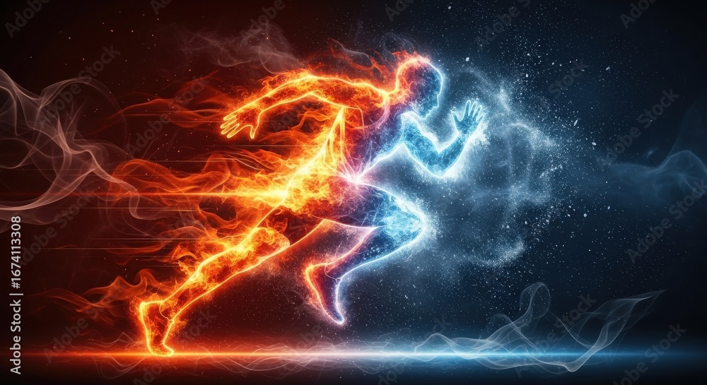 Naklejka premium Dynamic Fire and Ice Runners in Motion.