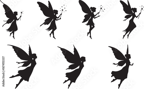Collection of elegant fairy silhouettes in various poses isolated on white background silhouette