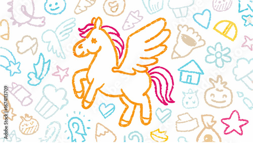 Illustration of a pegasus with wings surrounded by doodle art on a white textured background silhouette