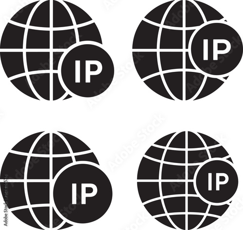 Four black silhouette icons of a globe with ip text isolated on white background