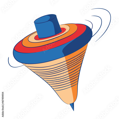 Spinning top toy with colorful bands and motion lines blue
