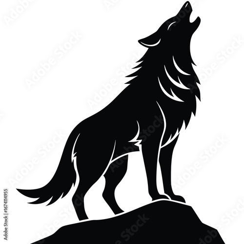 Black silhouette of a wolf howling on a rock white 2