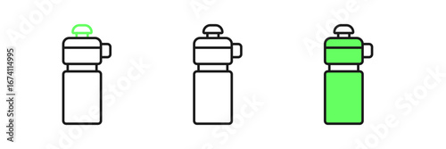 Set line Fitness shaker icon isolated on white background. Sports shaker bottle with lid for water and protein cocktails. Vector