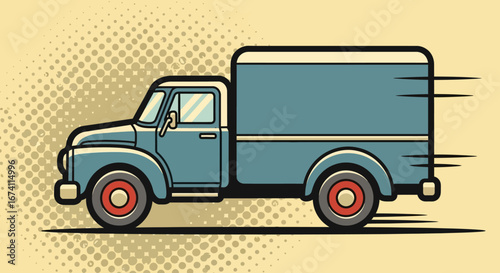Retro delivery truck speeding, vintage style illustration, fast transportation.