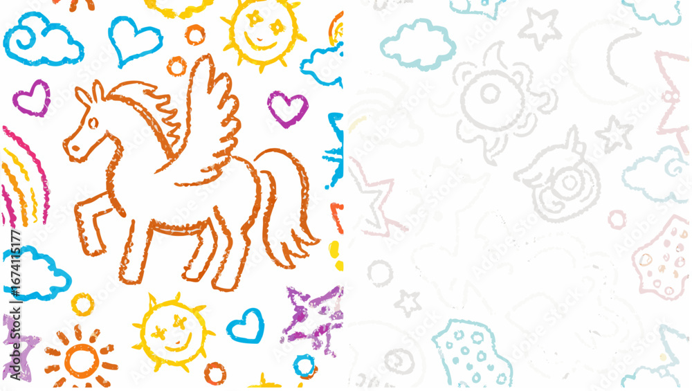 Obraz premium Colorful crayon style drawing featuring a winged unicorn rainbow suns hearts and stars on a white background silhouette