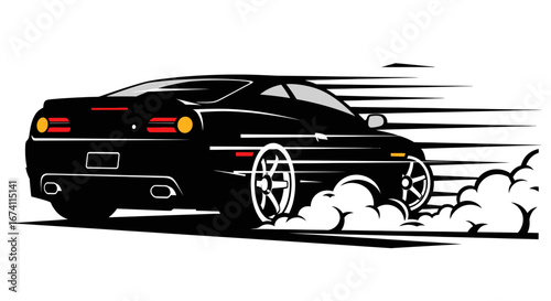A sleek black sports car speeding, leaving a trail of smoke and motion lines.