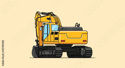 Illustration of a yellow excavator with black tracks, shown from a rear three-quarter view against a light background.
