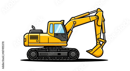 Yellow excavator illustration, heavy machinery, construction equipment, side profile view.
