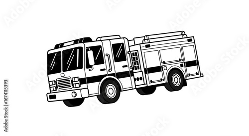 A black and white illustration of a firetruck, angled view showcasing its equipment and design details.