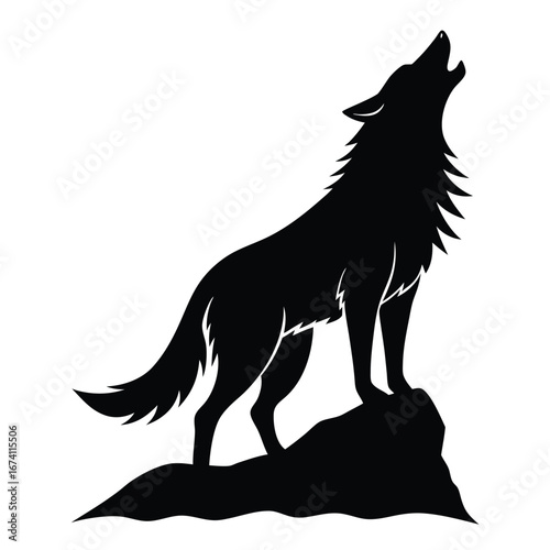 Black silhouette of a wolf howling on a rock white background