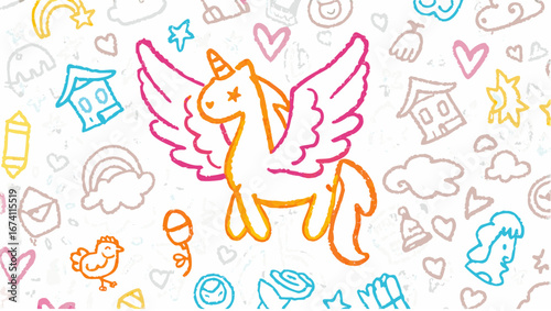 Illustration with a winged unicorn surrounded by hearts, stars, houses, and other doodle elements silhouette