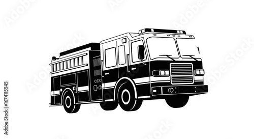 A black and white illustration of a fire engine, ready for emergency response.