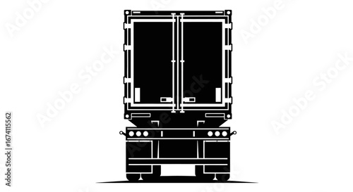 A stark black and white illustration of the rear view of a semi-trailer truck.