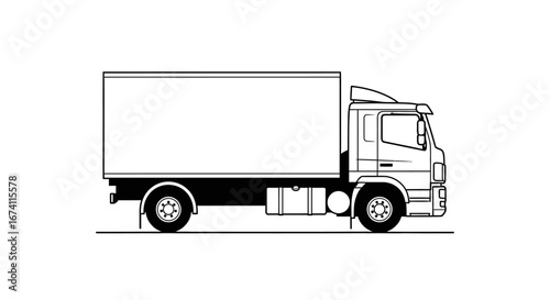 Side view illustration of a box truck with a white body and black chassis on a white background.