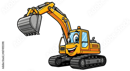 Cartoon illustration of a friendly yellow excavator, ready for work.