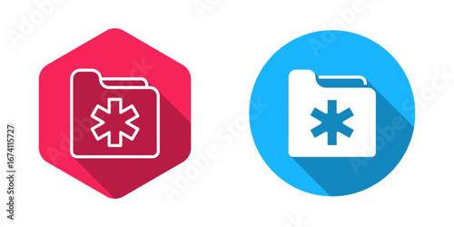 Filled and outline Medical health record folder for healthcare icon isolated with long shadow background. Patient file icon. Medical history symbol. Vector