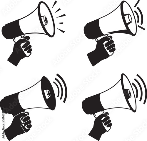 Four distinct silhouette hand holding megaphone icons with sound waves isolated on white background