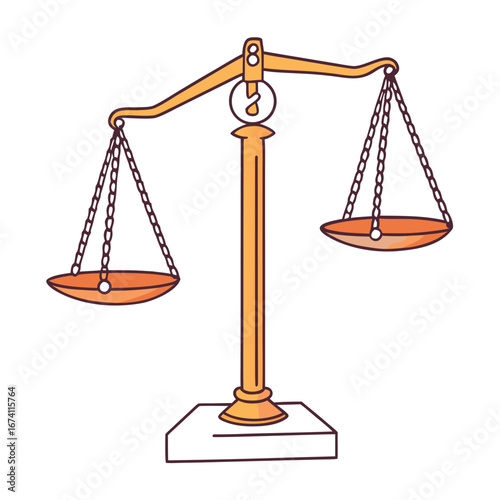 Golden balance scale with orange pans and chains justice weighing