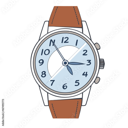 Wristwatch with blue face and brown leather strap time clock