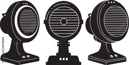 Three retro electric heaters with oval grilles and stands silhouette isolated on white background