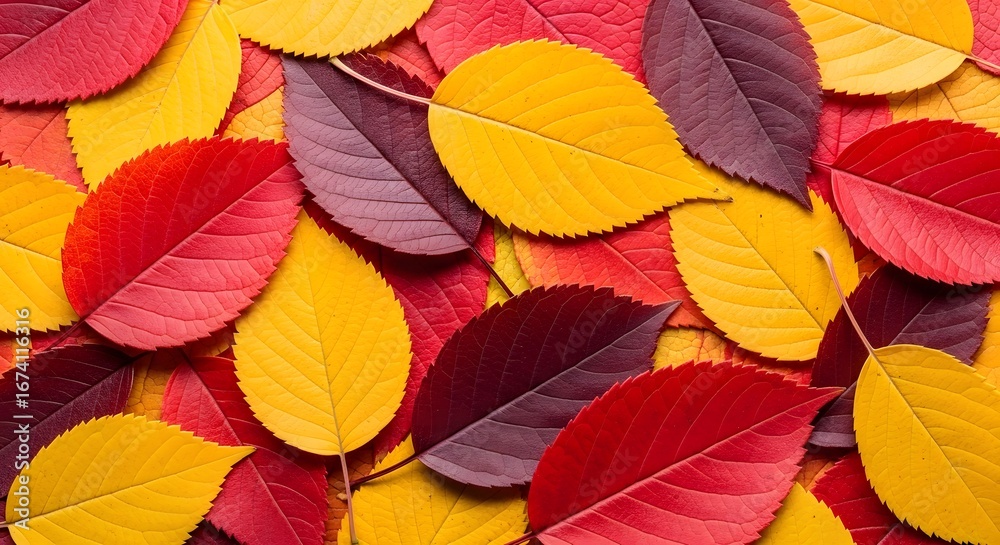 Fototapeta premium A closeup overhead view of fallen autumn leaves in vibrant shades of red, yellow, and deep purple