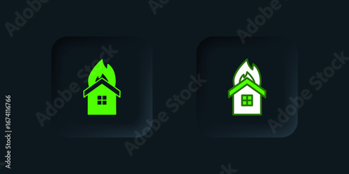 Green Fire in burning house icon isolated on black background. Insurance concept. Security, safety, protection, protect concept. Black square button. Vector