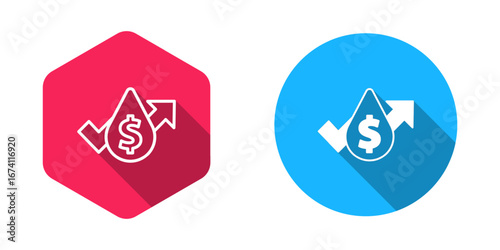 Filled and outline Oil price increase icon isolated with long shadow background. Oil industry crisis concept. Vector
