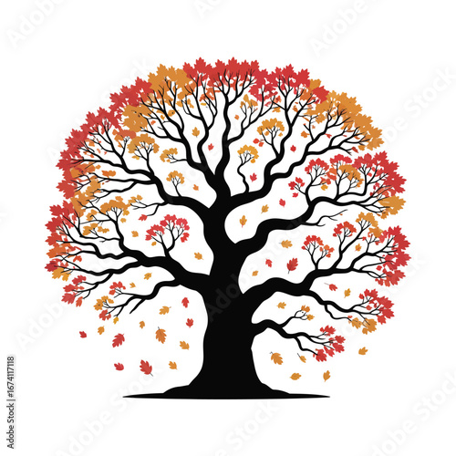 Autumnal Tree Silhouette Illustration with Falling Leaves and Vibrant Foliage Design