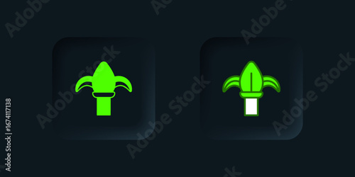 Green Classic iron fence with metal pillars icon isolated on black background. Ancient wrought iron fence. Black square button. Vector