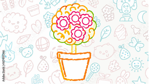 A whimsical drawing of a flower topiary in a pot surrounded by various doodle illustrations scattered about silhouette