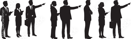 Diverse group of business professionals pointing in different directions silhouette isolated on white background