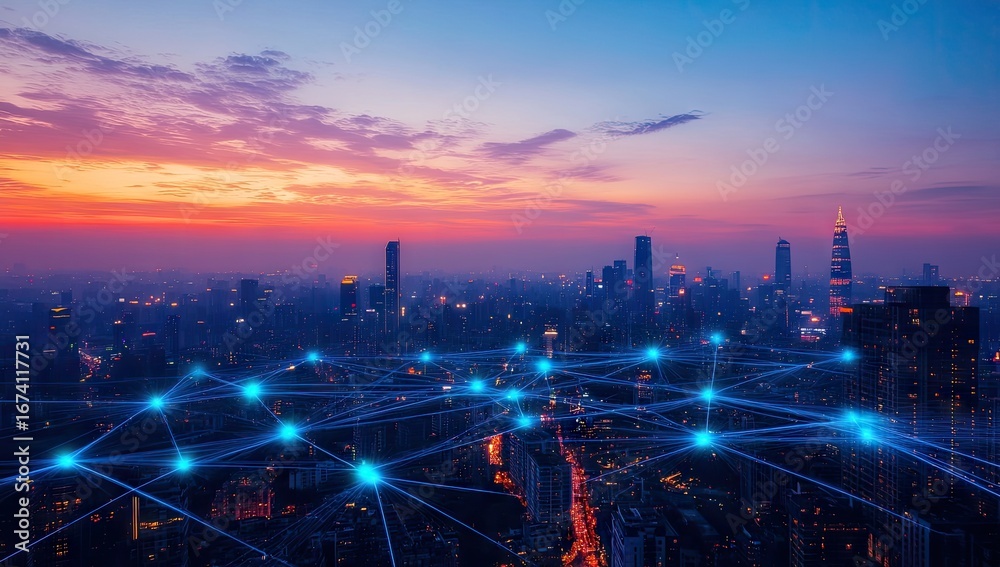 Fototapeta premium City skyline network at sunset (2)