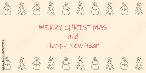 Kids doodle Merry Christmas and Happy New Year banner layout. Nursery scribble hand drawing Christmas banner with Christmas tree and snowman. Perfect Naive simple scrawl Xmas art background.  EPS 10