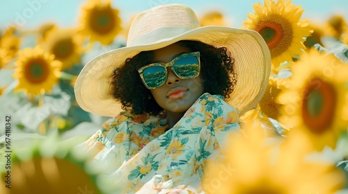 Stylish Woman in Sun Hat Posing in Sunflower Field