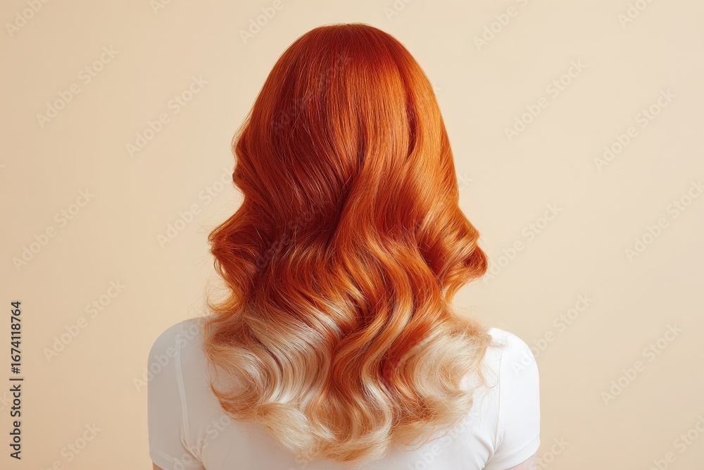 Fototapeta premium A woman's back displays vibrant, styled hair with a rich ombre effect of fiery red and light blonde tones, set against a serene beige backdrop.