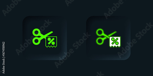 Green Scissors cuts discount coupon icon isolated on black background. The concept of selling in an online supermarket at low prices or half the cost. Black square button. Vector