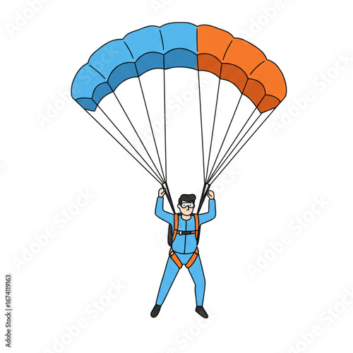 A person in a blue jumpsuit and goggles descends safely under a colorful parachute, suspended by lines, ready for landing.
