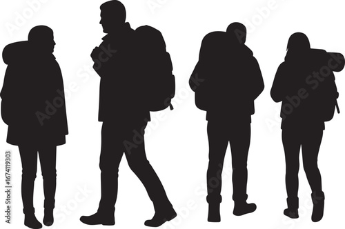 Group of four people with backpacks walking together as a silhouette isolated on white background
