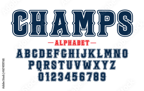 American college classic font. Vintage sports font in American style for T-shirt designs for football, baseball, and basketball teams. College, school and varsity style font, tackle twill. Vector
