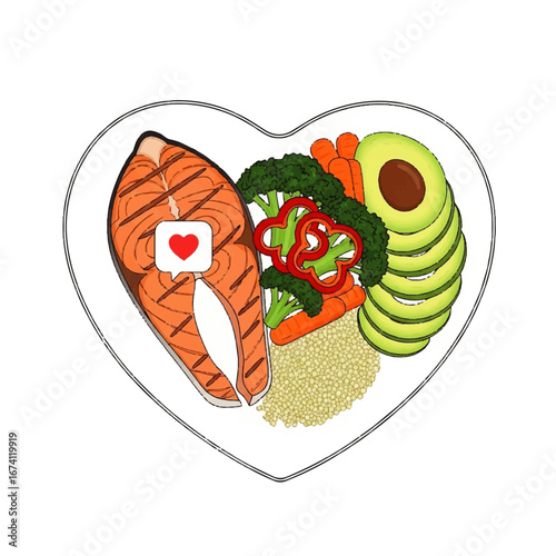 Heart-Shaped Plate with Salmon and Healthy Vegetables