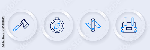 Set line Bulletproof vest, Swiss army knife, Compass and Wooden axe icon. Vector