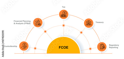 Infographic and visual representation of a FCOE showing its five points, icons set of 5 points.