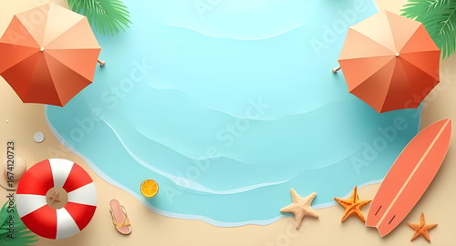 summer holiday background, exotic seaside illustration, beach background with palm leaves, seaside resort background, summer seashore wallpaper, beach landscape art, sandy coast with waves, summer vac