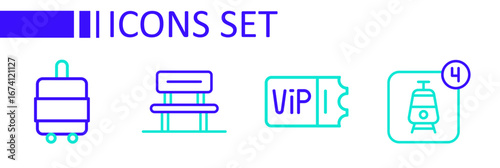 Set line Online ticket booking, Train, Waiting hall and Suitcase icon. Vector