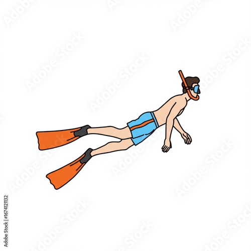 A cartoon illustration of a man snorkeling, wearing a mask, blue swim trunks, and large orange flippers while swimming.