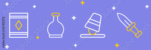 Set line Dagger, Game thimbles, Bottle with potion and Magic carpet icon. Vector